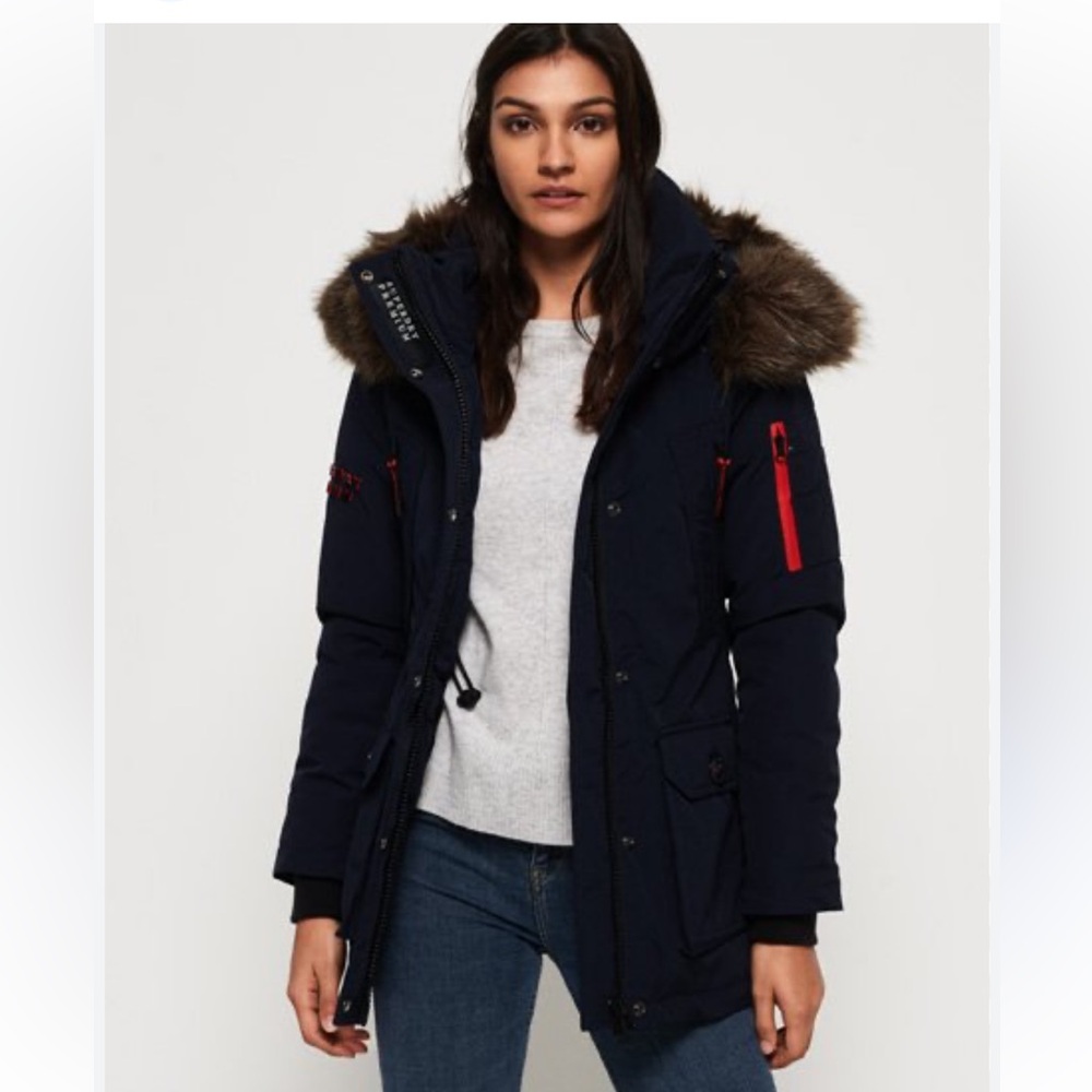 ONLY  -Heavy Duty Navy Blue Parka -orange lining - fur line hood-EUC- Sz M😍❤️​​​ - Picture 2 of 16